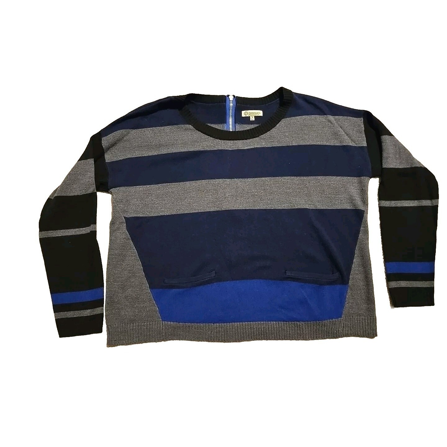 Democracy Sweater Womens M Pockets Blue & Gray Long Sleeves Full Back Zipper